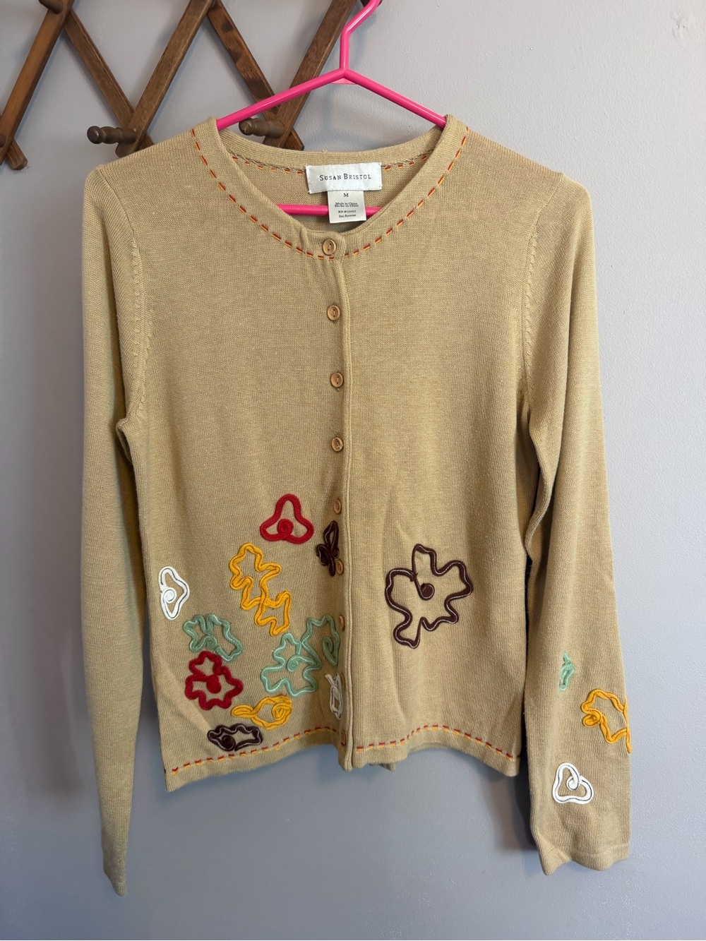 Susan Bristol Embroidered Button Front Cardigan Sweater Tan Beige M fits small